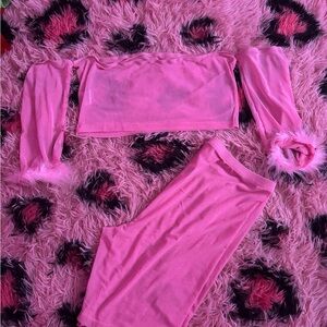 Pink Off-Shoulder feather rave Set